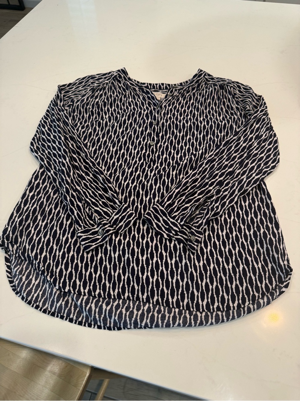 LOFT Navy and White Patterned Long-Sleeve Henley Blouse